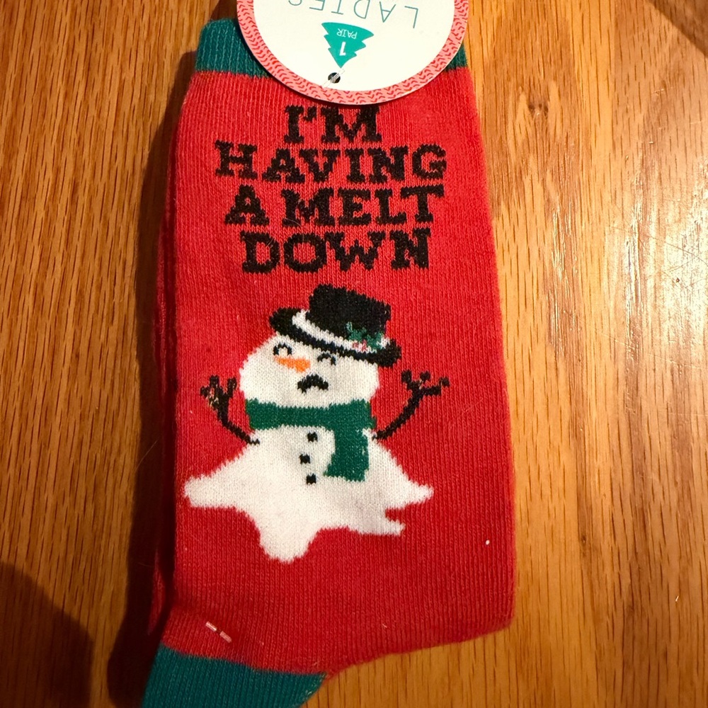 Red Holiday Crew Sock with Melting Snowman Graphic